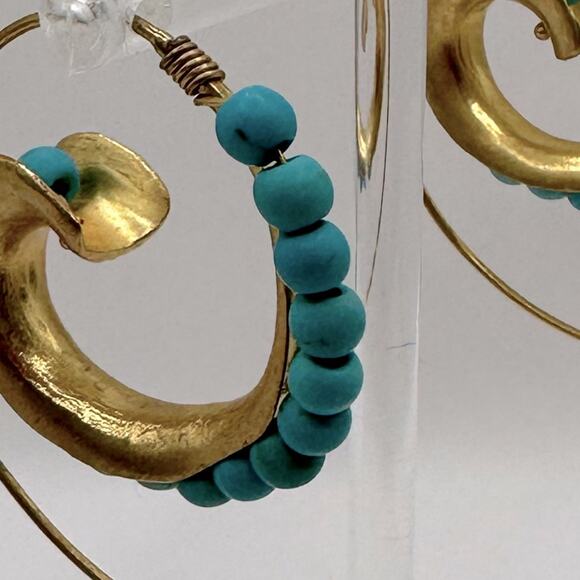 Ottoman Hands Bohemian Brass Turquoise Bead Hoop Earrings Boho Statement Jewelry - Picture 4 of 11